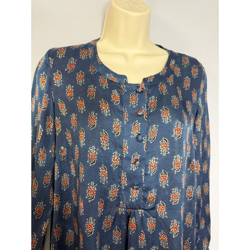 FOLKSONG Tunic Top Blue Floral Block Print Long Sleeve Boho Blouse Sz M - Picture 10 of 16